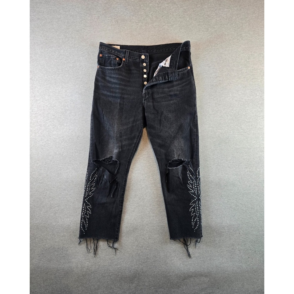Levi's Jeans Womens 32x26 Black Cropped‎ Studded Frayed Denim Western Distressed